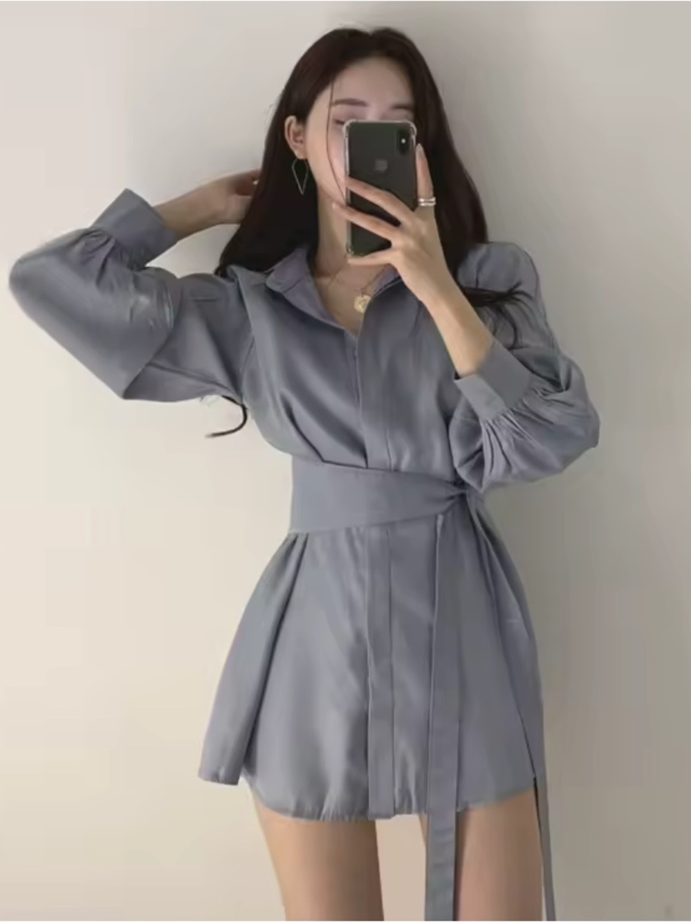 Women's Slate Blue Belted Shirt Dress